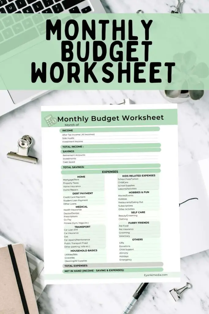 Monthly printable budget worksheet