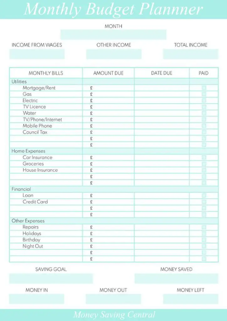 Free Printable Monthly Budget Planner by Money Saving Central