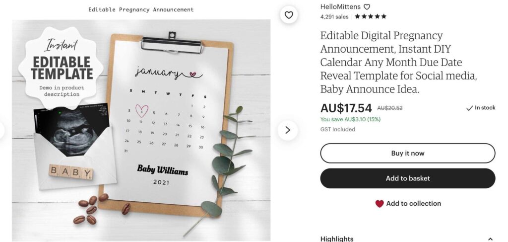 etsy digital product to sell- pregnancy announcement